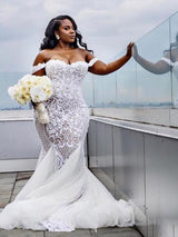 Modest Plus Size Long Mermaid Off-the-Shoulder Lace Wedding Dresses-showprettydress