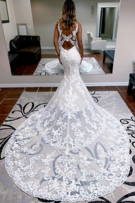 Modest spaghettistraps sleeveless mermaid lace Wedding Dresses-Showprettydress