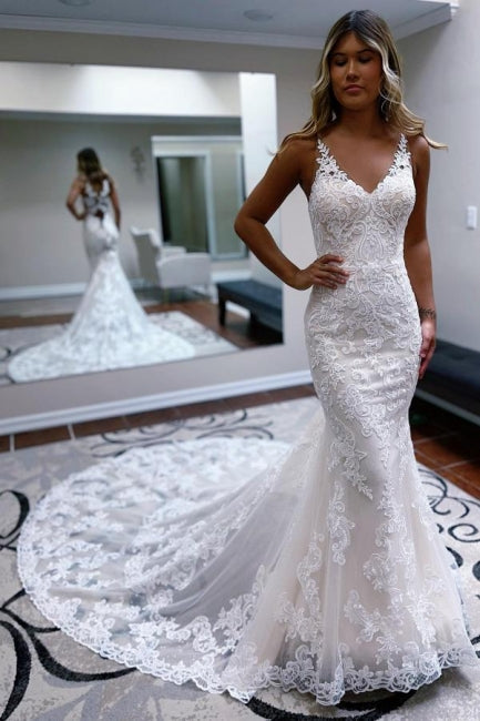 Modest spaghettistraps sleeveless mermaid lace Wedding Dresses-Showprettydress