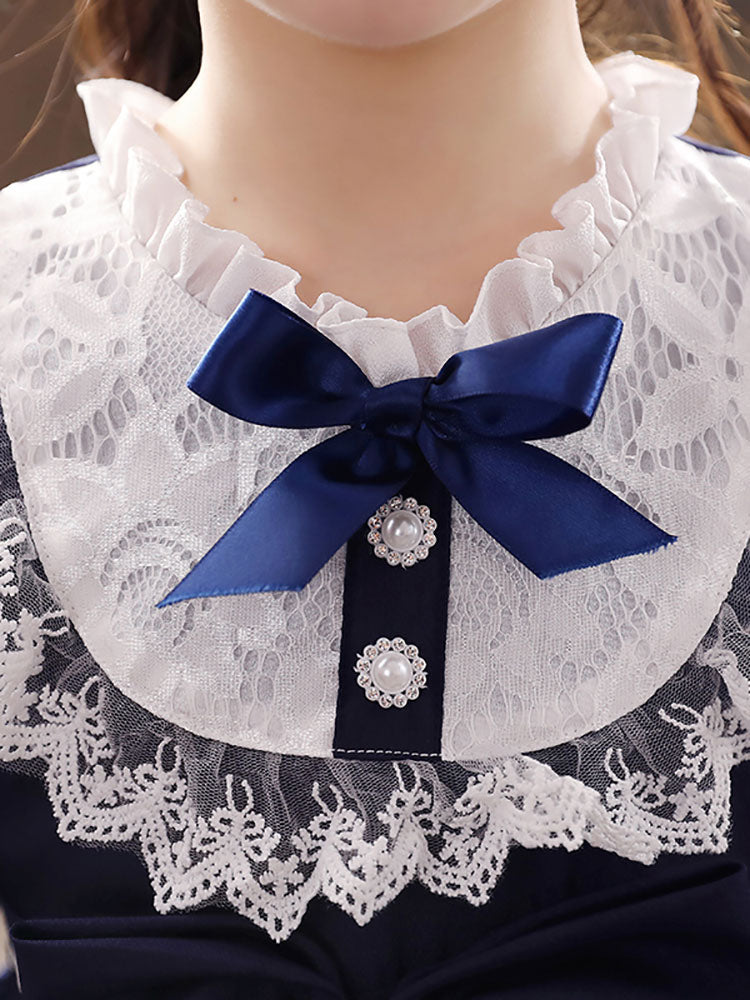 Navy Blue Designed Neckline Tulle Long Sleeves Short A-Line Bows Kids Party Dresses-showprettydress