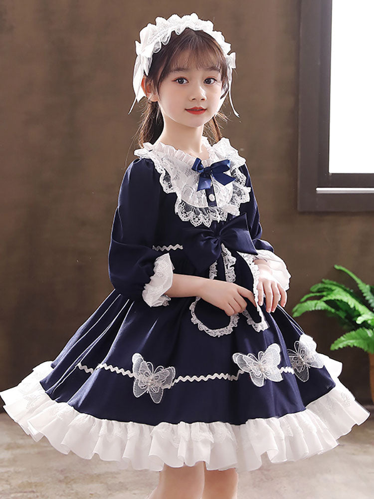 Navy Blue Designed Neckline Tulle Long Sleeves Short A-Line Bows Kids Party Dresses-showprettydress