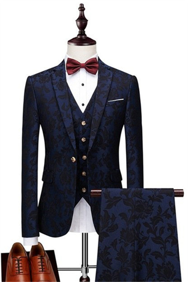 Navy Blue Jacquard Men's Prom Suits High Quality Classic Tuxedo with Three Pieces-showprettydress