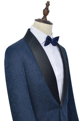 Navy Blue Mens Suits for Weddings Jacquard Black Silk Shawl Lapel Marriage Suits-showprettydress