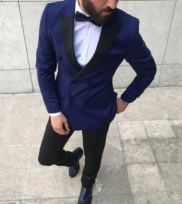 Navy Blue Peaked Lapel Double Breasted Mens Suit Online-showprettydress