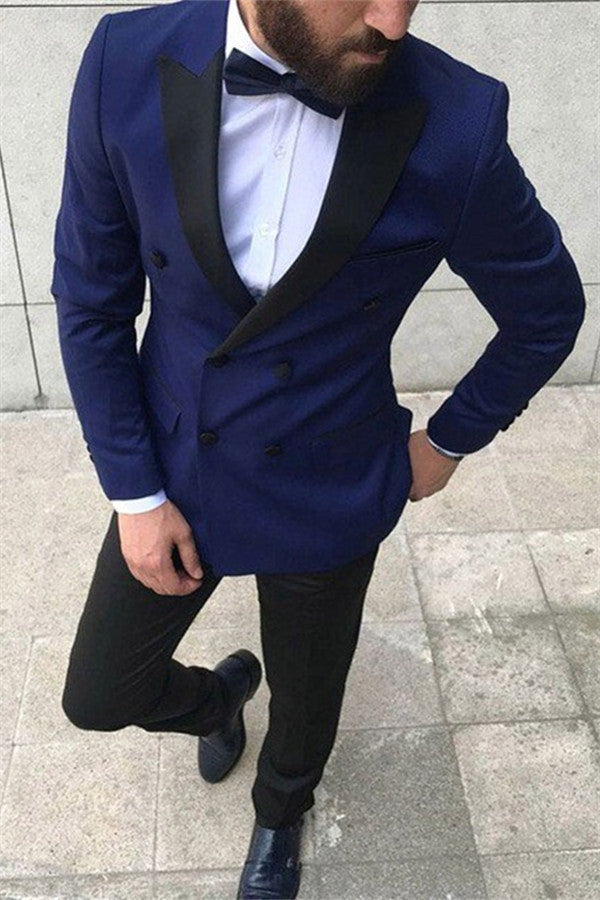 Navy Blue Peaked Lapel Double Breasted Mens Suit Online-showprettydress