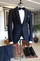 Navy Blue Shawl Lapel One Button Wedding Groom Suits-showprettydress
