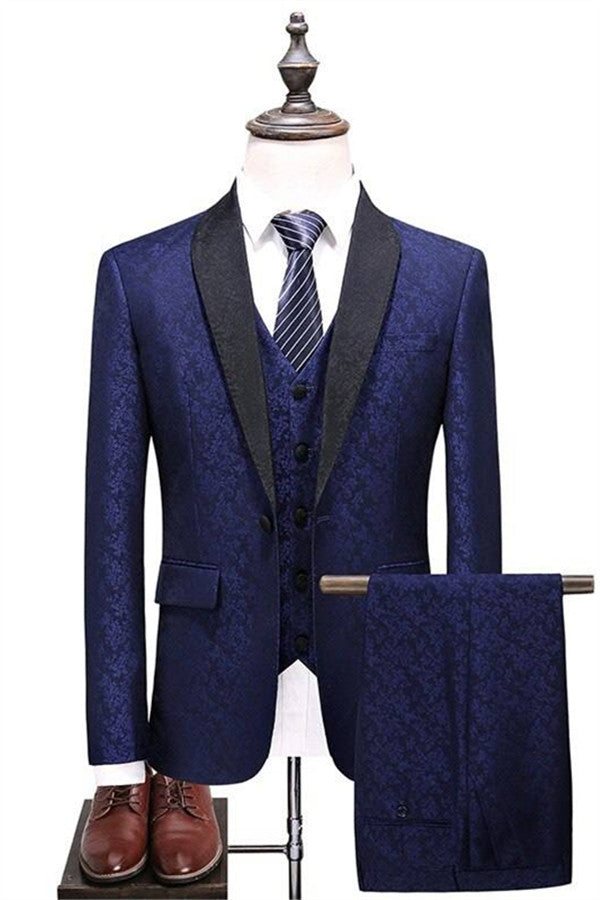 Navy Blue Shawl Lapel Prom Suits Business Tuxedo with three Pieces-showprettydress