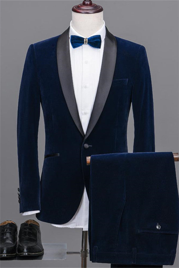 Navy Blue Shawl Lapel Velvet Marriage Suits Best Man Tuxedos Two-pieces-showprettydress