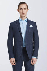 New Arrival Dark Navy Mens Casual Suits Stripes Patch Pockets Daily Men's Suits-showprettydress