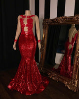 New Arrival Long Sleevess Sequins Mermaid Sheer Tulle Red Long Evening Dress-showprettydress