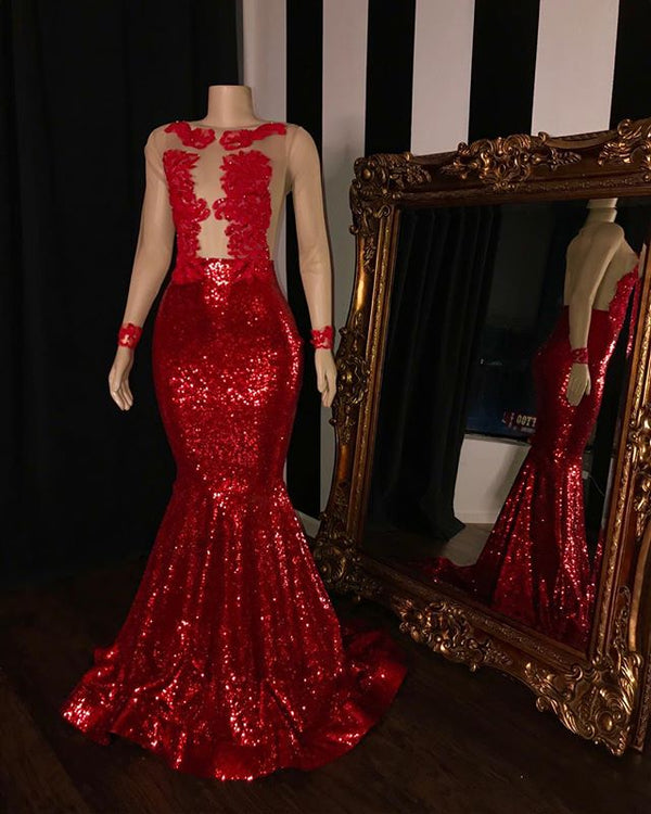 New Arrival Long Sleevess Sequins Mermaid Sheer Tulle Red Long Evening Dress-showprettydress