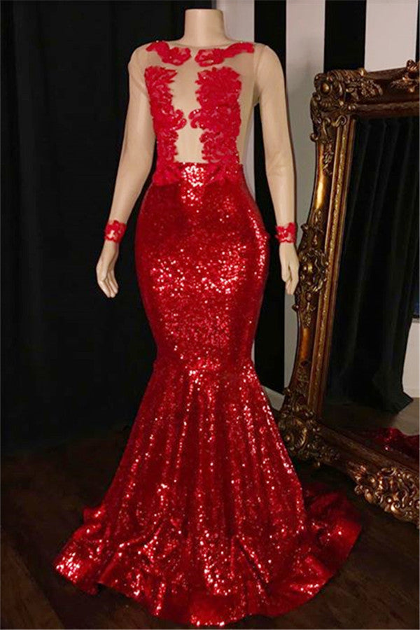New Arrival Long Sleevess Sequins Mermaid Sheer Tulle Red Long Evening Dress-showprettydress