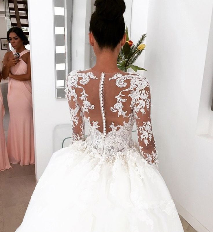 New Arrival Long Sleevess Sheath Wedding Dresses Lace Appliques Bridal Gowns with Detachable Train-showprettydress