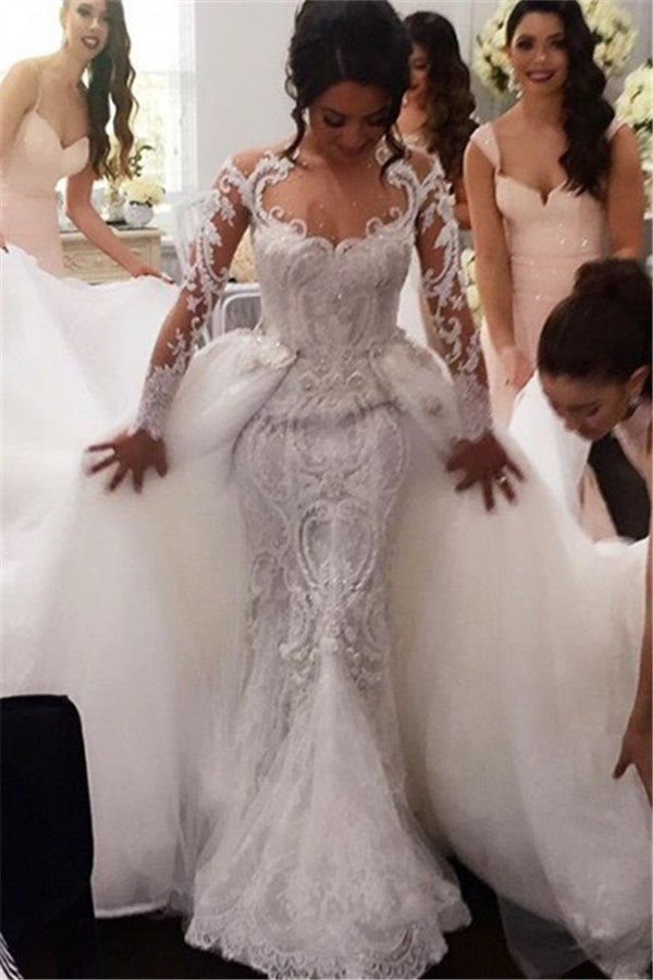 New Arrival Long Sleevess Sheath Wedding Dresses Lace Appliques Bridal Gowns with Detachable Train-showprettydress