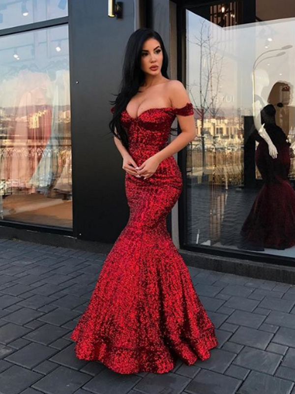 New Arrival Mermaid Charming Sequined Evening Dresses Off-The-Shoulder Floor Length Prom Dresses-showprettydress