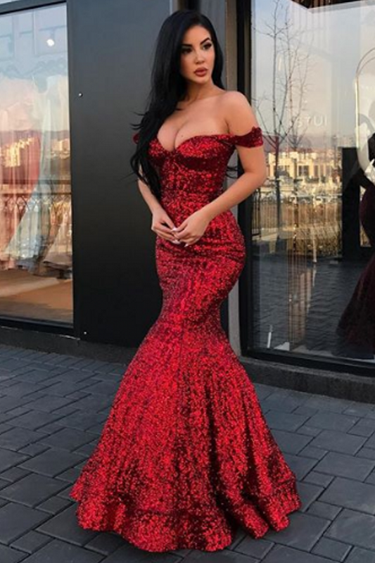 New Arrival Mermaid Charming Sequined Evening Dresses Off-The-Shoulder Floor Length Prom Dresses-showprettydress