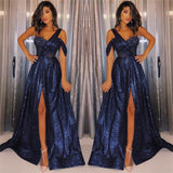 New Arrival Navy Blue One-Shoulder Sequins Prom Dresses Chic A-Line Side-Slit Evening Gowns-showprettydress