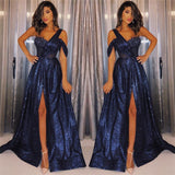 New Arrival Navy Blue One-Shoulder Sequins Prom Dresses Chic A-Line Side-Slit Evening Gowns-showprettydress