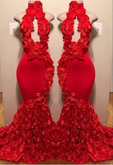 New Arrival Red Keyhole Mermaid Flowers Halter Sleeveless Long Prom Dresses-showprettydress