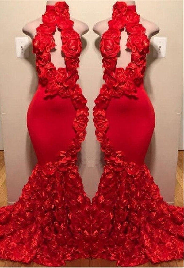 New Arrival Red Keyhole Mermaid Flowers Halter Sleeveless Long Prom Dresses-showprettydress