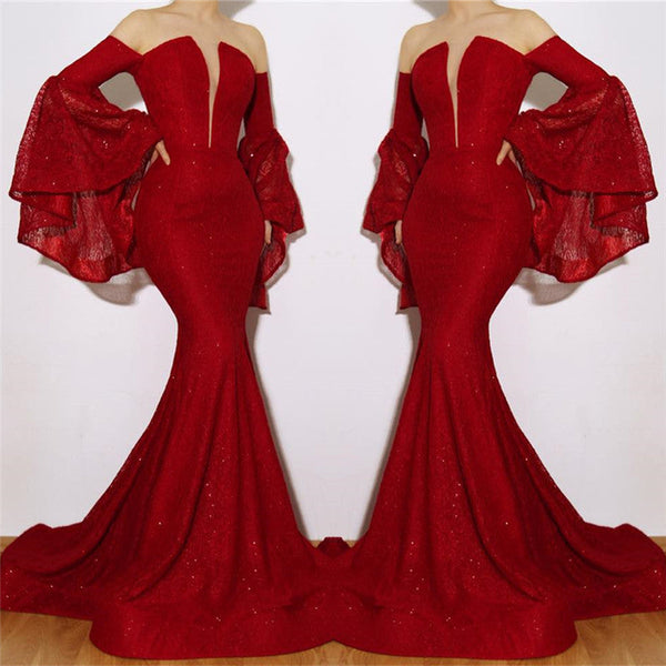 New Arrival Red Mermaid Off-the-Shoulder Lace Appliques Prom Dresses-showprettydress