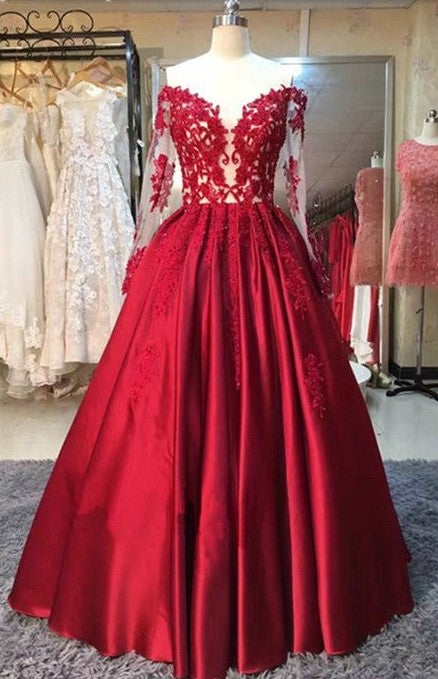 New Arrival Red Prom Dresses Off-the-Shoulder Lace Appliques Long Sleevess Puffy Evening Gowns-showprettydress
