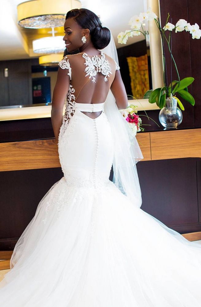 New Arrival Romantic White Mermaid Cap Sleeve Wedding Dress New Arrival Tulle Bridal Gown-showprettydress