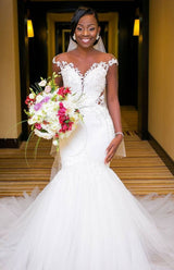 New Arrival Romantic White Mermaid Cap Sleeve Wedding Dress New Arrival Tulle Bridal Gown-showprettydress