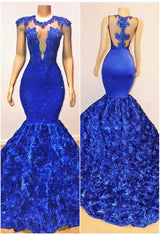 New Arrival Royal-Blue Flowers Mermaid Sleeveless With lace Appliques Prom Dresses-showprettydress