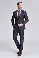 New Arrival Stripes Dark Navy Mens Suits Peak Lapel Three Flap Pockets Suits for Men-showprettydress