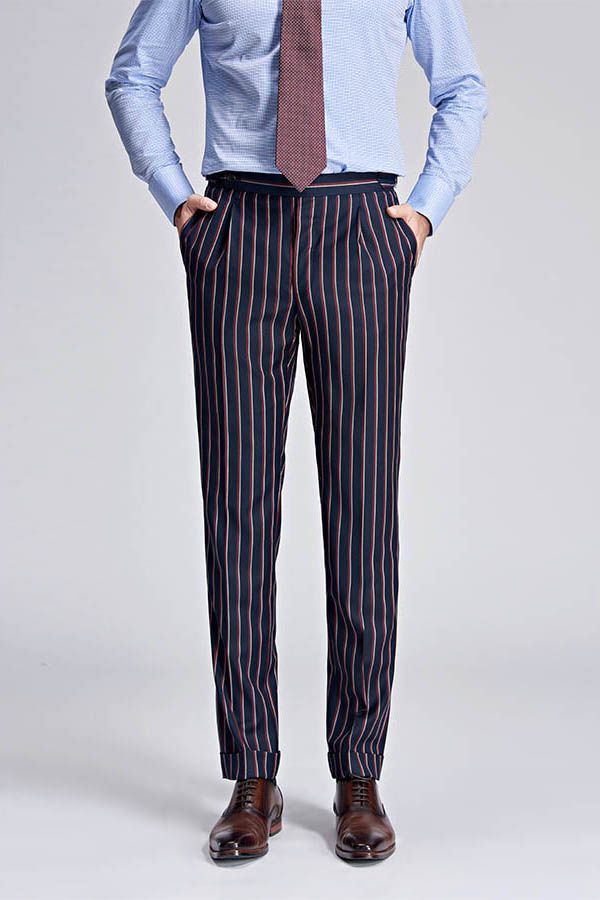 New Arrival Stripes Dark Navy Mens Suits Peak Lapel Three Flap Pockets Suits for Men-showprettydress