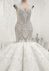 New Arrival V Neck Cap Sleeve Beads Crystals Mermaid Wedding Dress Lace Applique-showprettydress