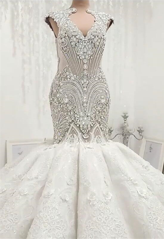 New Arrival V Neck Cap Sleeve Beads Crystals Mermaid Wedding Dress Lace Applique-showprettydress