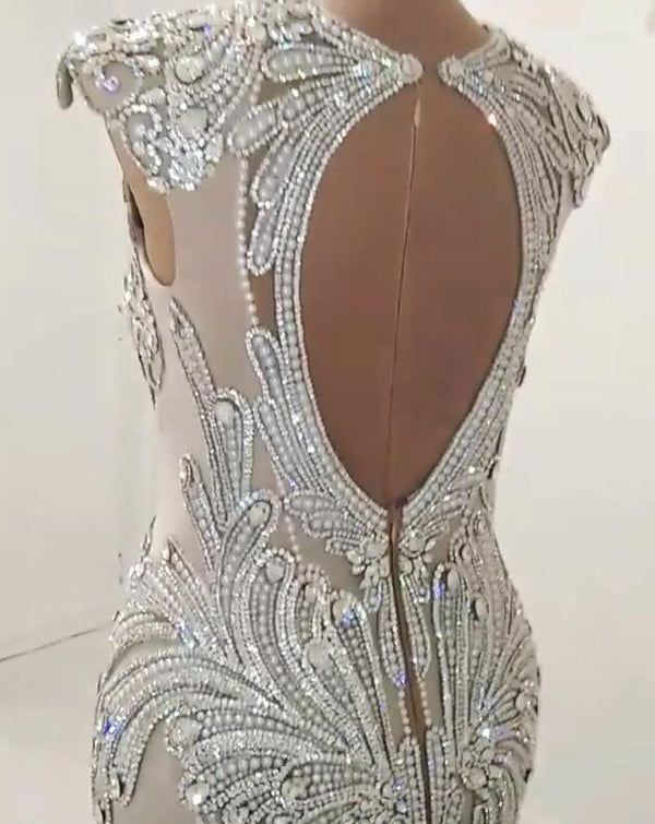 New Arrival V Neck Cap Sleeve Beads Crystals Mermaid Wedding Dress Lace Applique-showprettydress