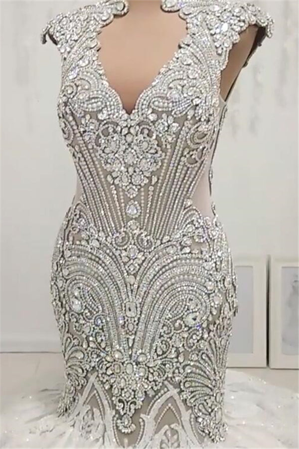 New Arrival V Neck Cap Sleeve Beads Crystals Mermaid Wedding Dress Lace Applique-showprettydress