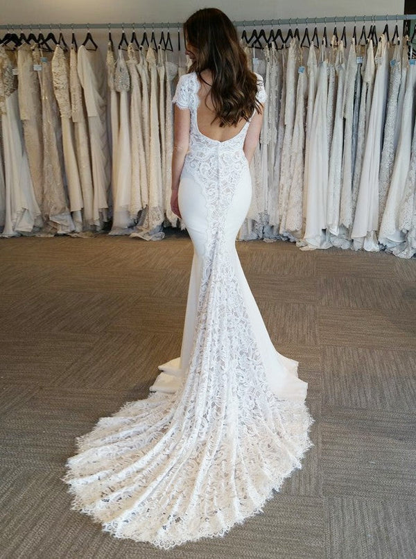 New Arrival White V Neck Lace Appliques Mermaid Bridal Gown Backless Cap Sleeve Long Wedding Dress-showprettydress