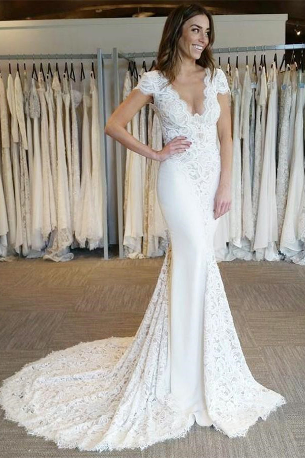 New Arrival White V Neck Lace Appliques Mermaid Bridal Gown Backless Cap Sleeve Long Wedding Dress-showprettydress