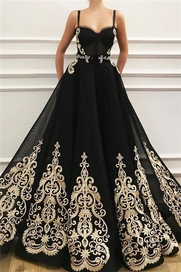 New Black Sweetheart A-line Evening Dress with Golden Lace Appliques-showprettydress