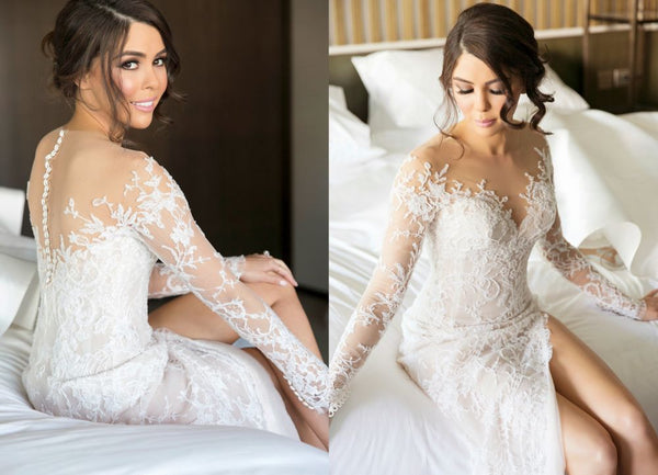 New Full Lace Split Wedding Dresses Illusion Back Bridal Gowns with Detachable Satin Skirt-showprettydress