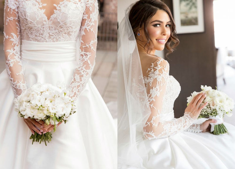 New Full Lace Split Wedding Dresses Illusion Back Bridal Gowns with Detachable Satin Skirt-showprettydress