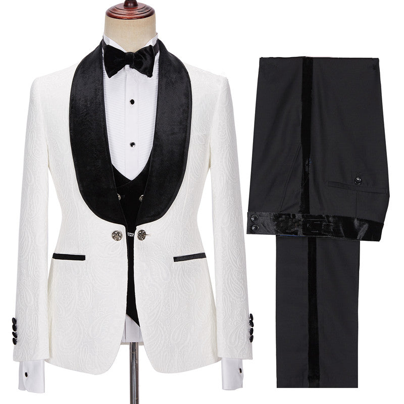 New in White Jacquard Three Pieces Wedding Men Suits with Velvet Lapel-showprettydress