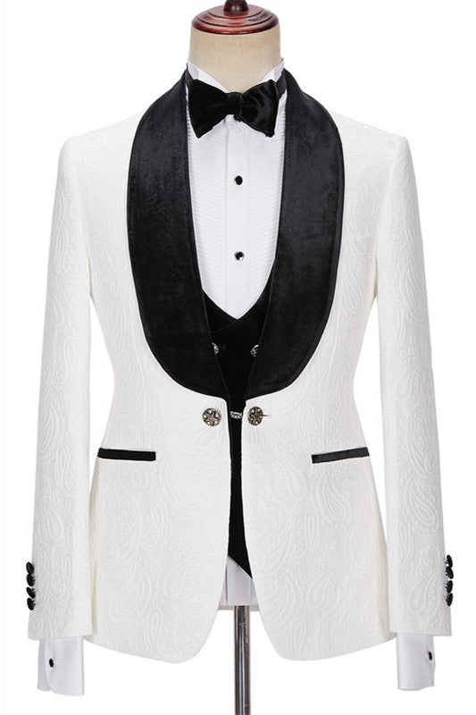 New in White Jacquard Three Pieces Wedding Men Suits with Velvet Lapel-showprettydress