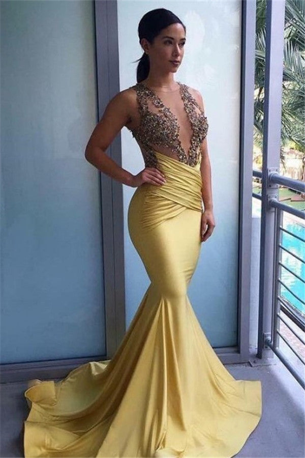 New Mermaid Ruffles Beads Appliques Sheer Tulle Prom Dresses Summer Long Yellow Formal Dresses-showprettydress