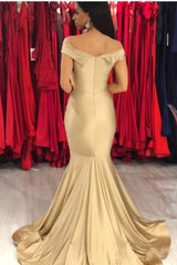 New Off-the-Shoulder Stretch Satin Plicated V-neck Floor Length Prom Dresses Mermaid Sleeveless Champagne Evening Gowns-showprettydress