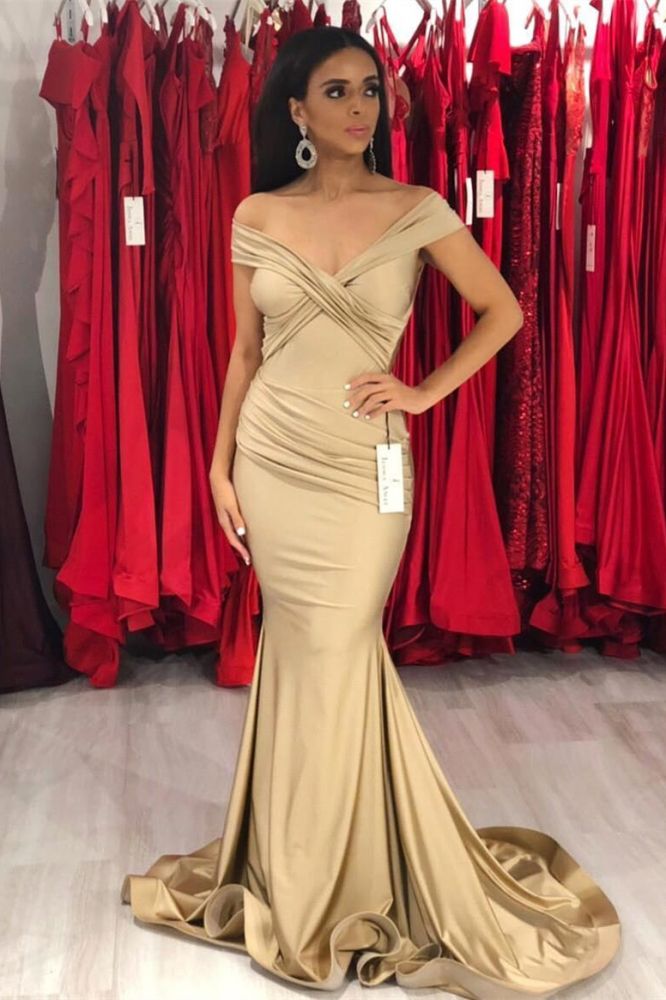 New Off-the-Shoulder Stretch Satin Plicated V-neck Floor Length Prom Dresses Mermaid Sleeveless Champagne Evening Gowns-showprettydress