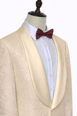 Noble Champagne Jacquard Wedding Tuxedos for Groom Silk Shawl Lapel Prom Suits-showprettydress