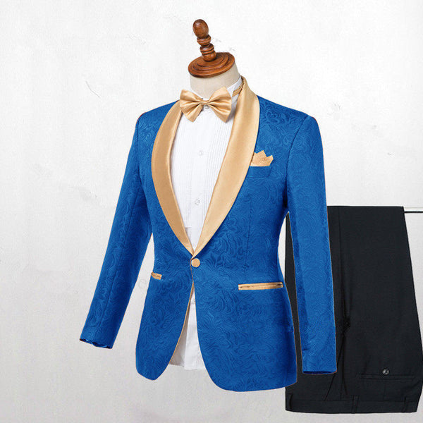 Ocean Blue Jacquard Slim Fit Wedding Suits-showprettydress