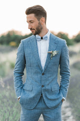 Ocean Blue Linen Summer Beach Groom Wedding Suits Casual Man Blazer Tuxedo-showprettydress