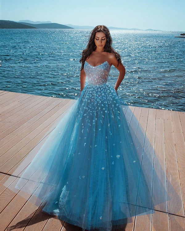 Ocean Blue Strapless Sparkle Beads Tulle Princess Prom Party Gowns-showprettydress