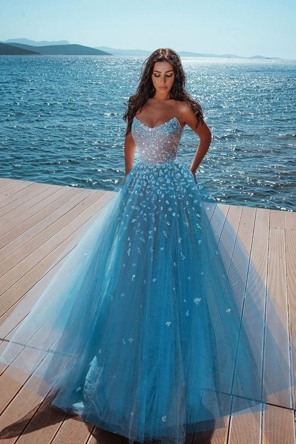 Ocean Blue Strapless Sparkle Beads Tulle Princess Prom Party Gowns-showprettydress